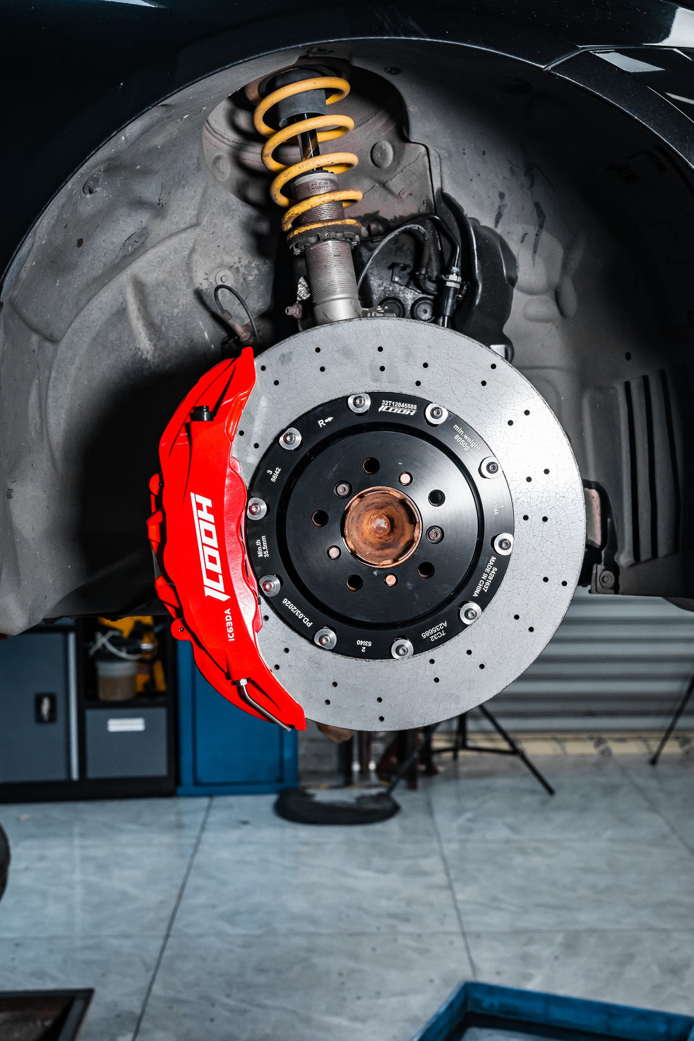 Short fiber carbon ceramic brake disc installed with performance caliper